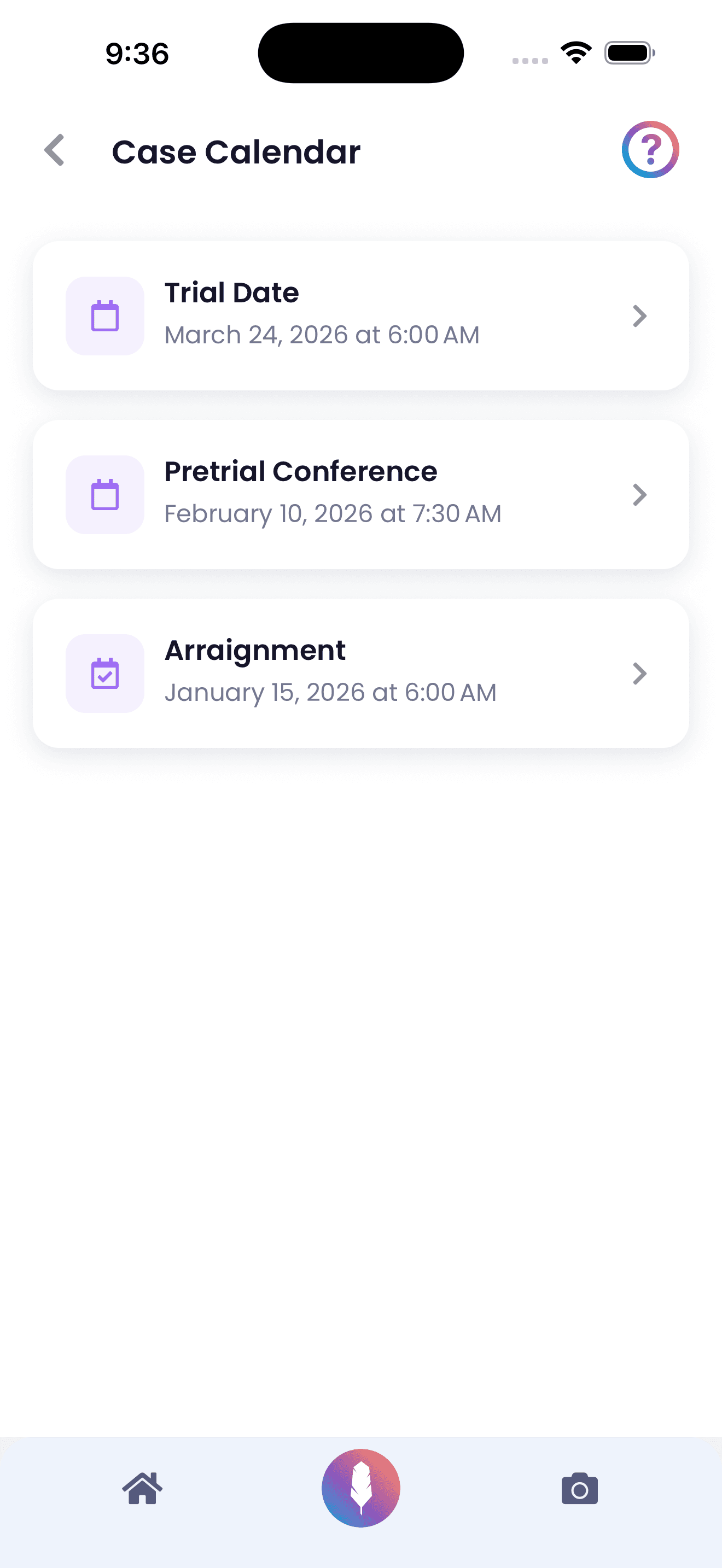 Criminal defense court calendar with upcoming dates