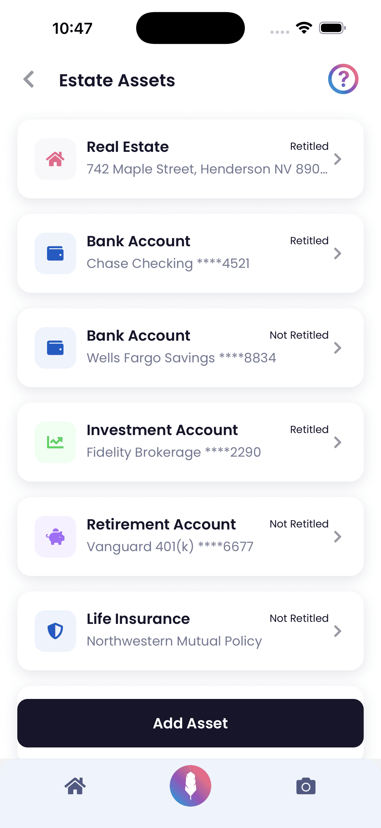 Estate assets management screen showing real estate, bank accounts, and investments