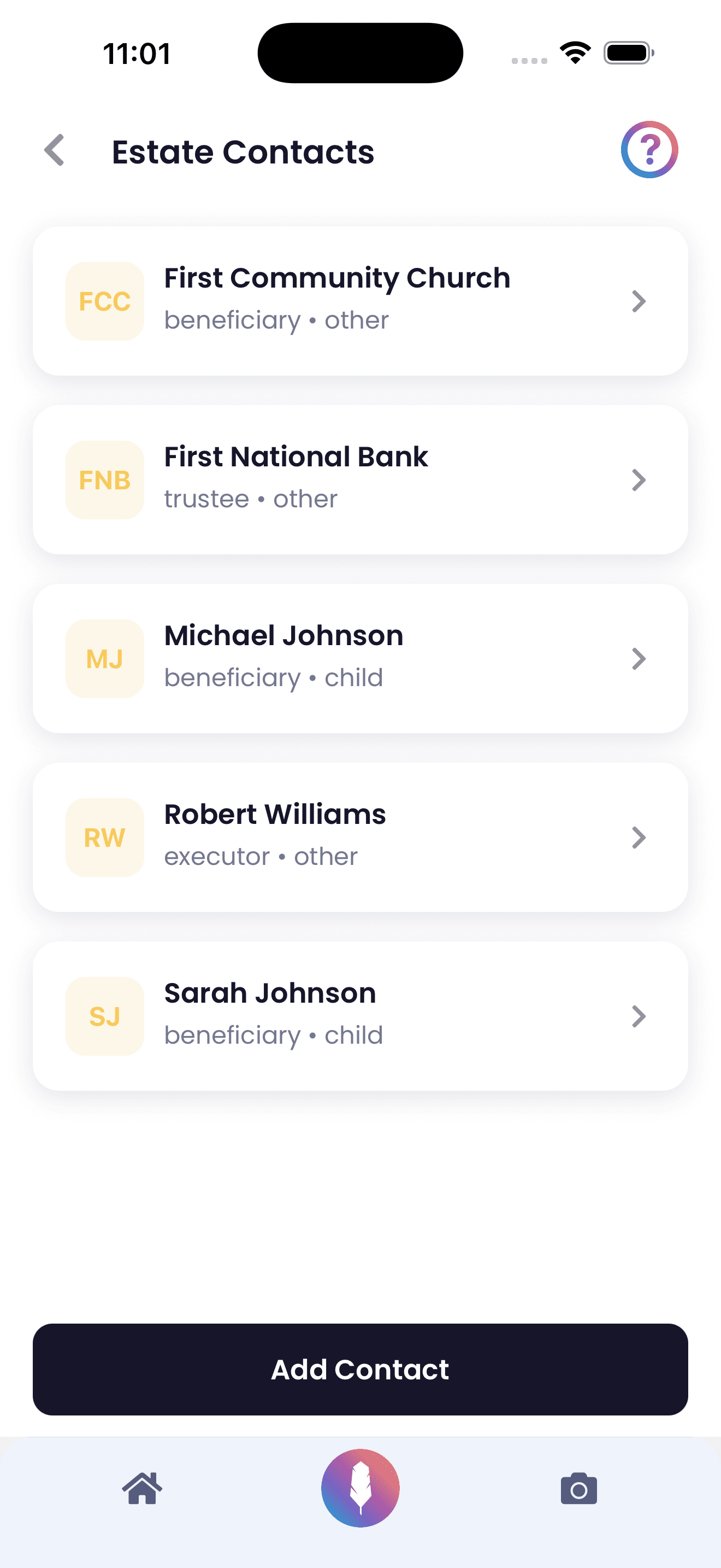 Estate contacts showing beneficiaries, trustees, and executors