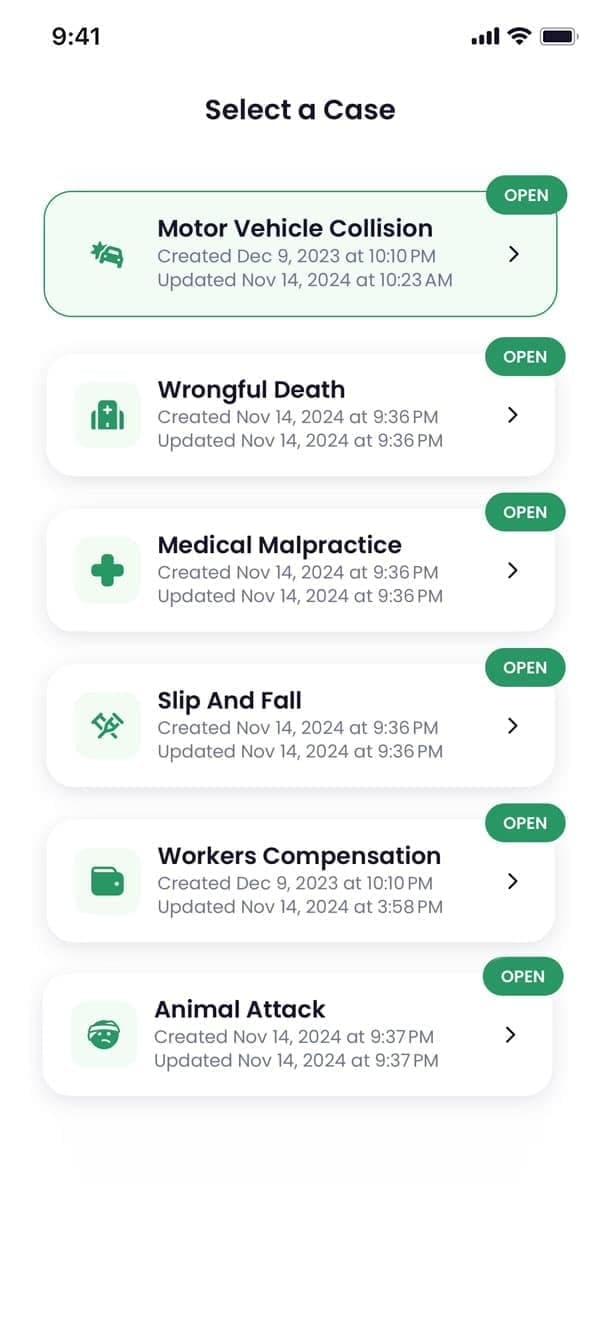 Motor vehicle collision case management in the Quilia app