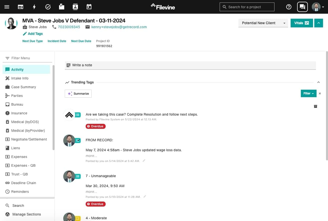 Filevine integration in the Quilia app
