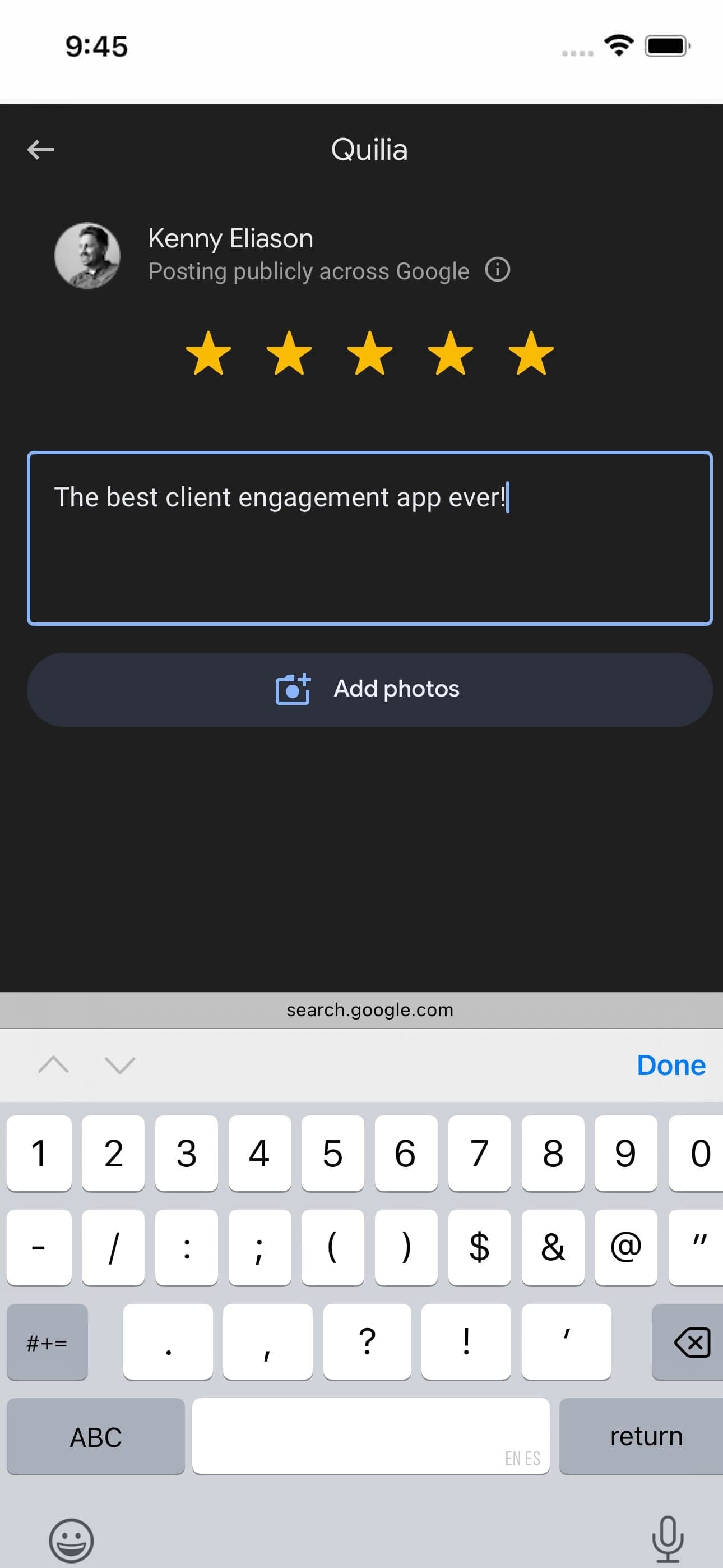 Client leaving a Google review