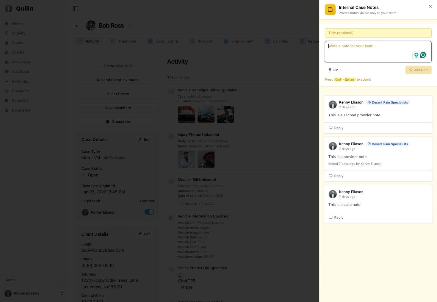 Internal Notes panel for private team collaboration