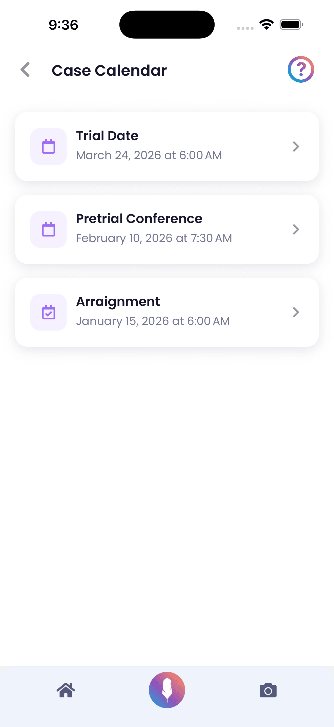 Criminal defense court calendar with upcoming dates