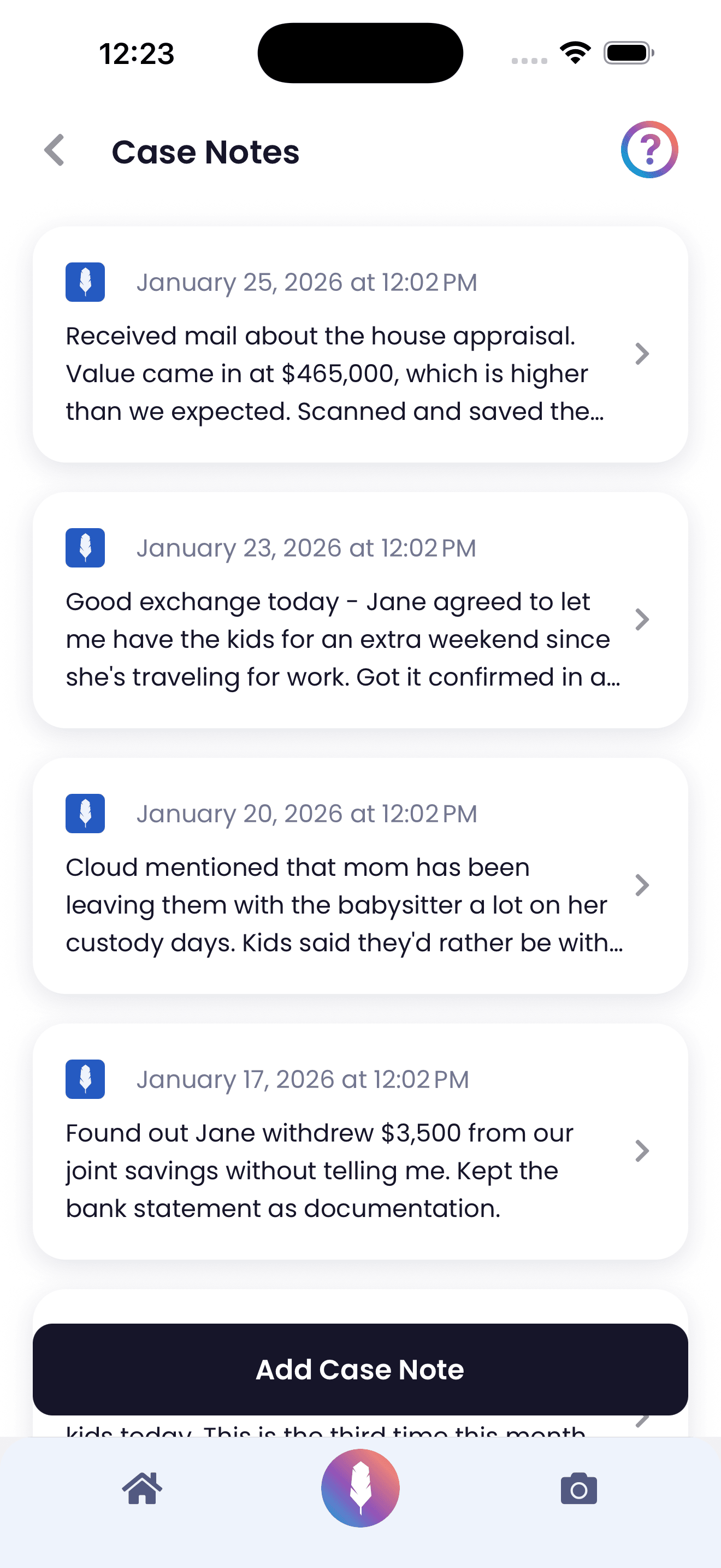 Family law case notes and documentation