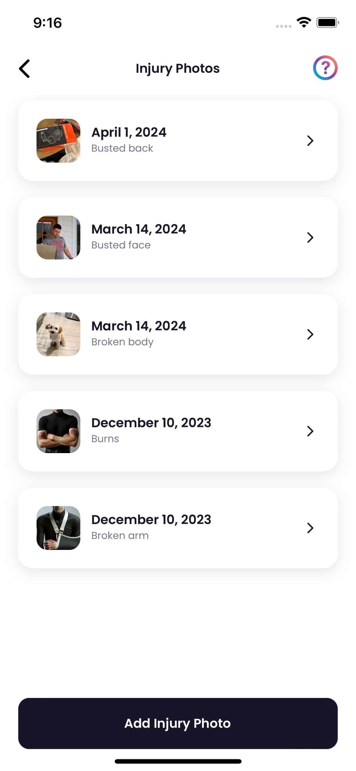 Client-uploaded injury photo gallery for evidence and progress tracking