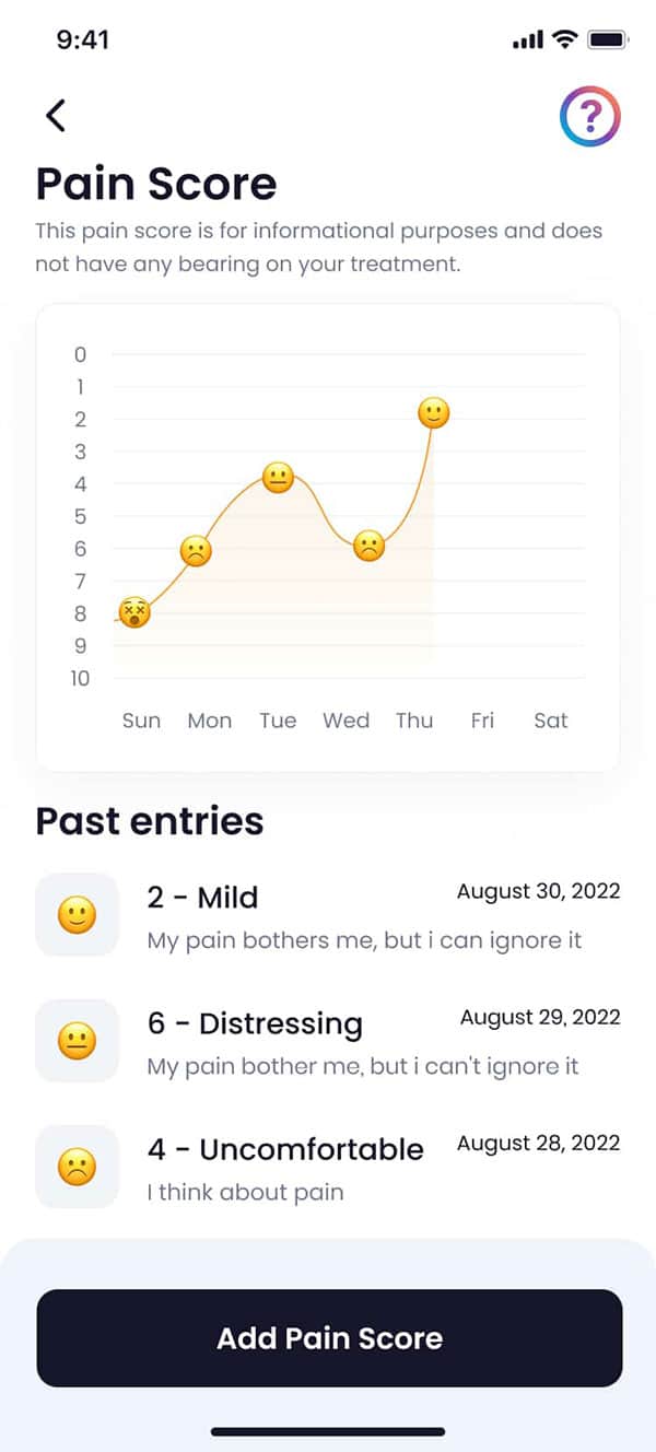 Daily pain score chart for injury tracking in Quilia