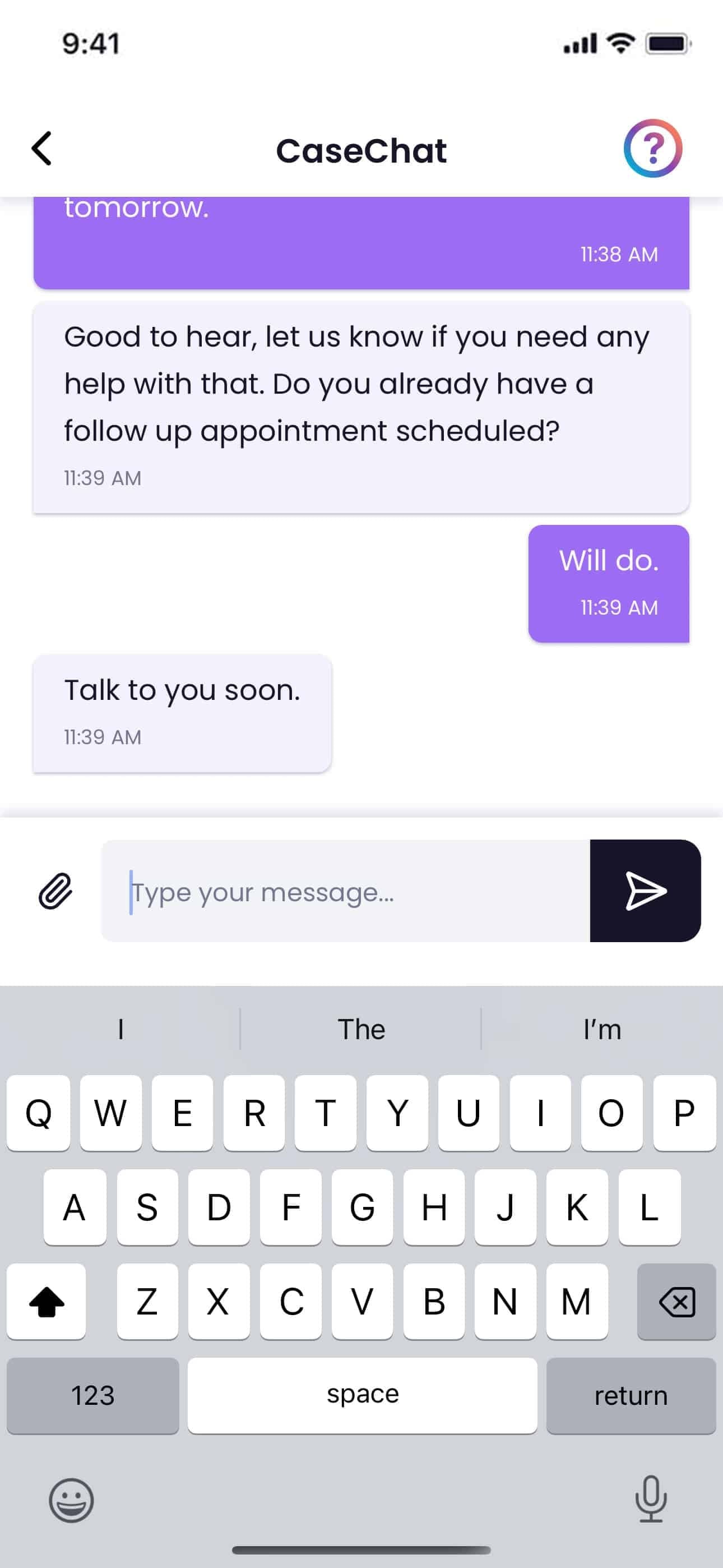 CaseChat messaging screen in Quilia's client app