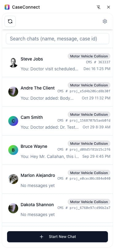 CaseConnect browser extension interface showing chat conversations and case management