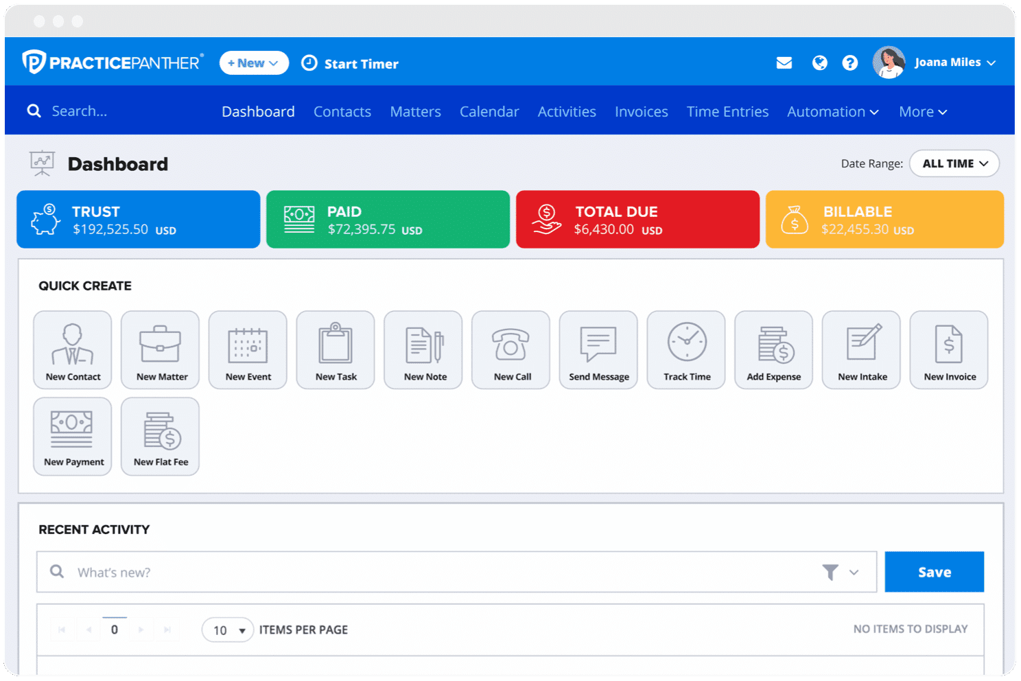 PracticePanther integration in the Quilia app