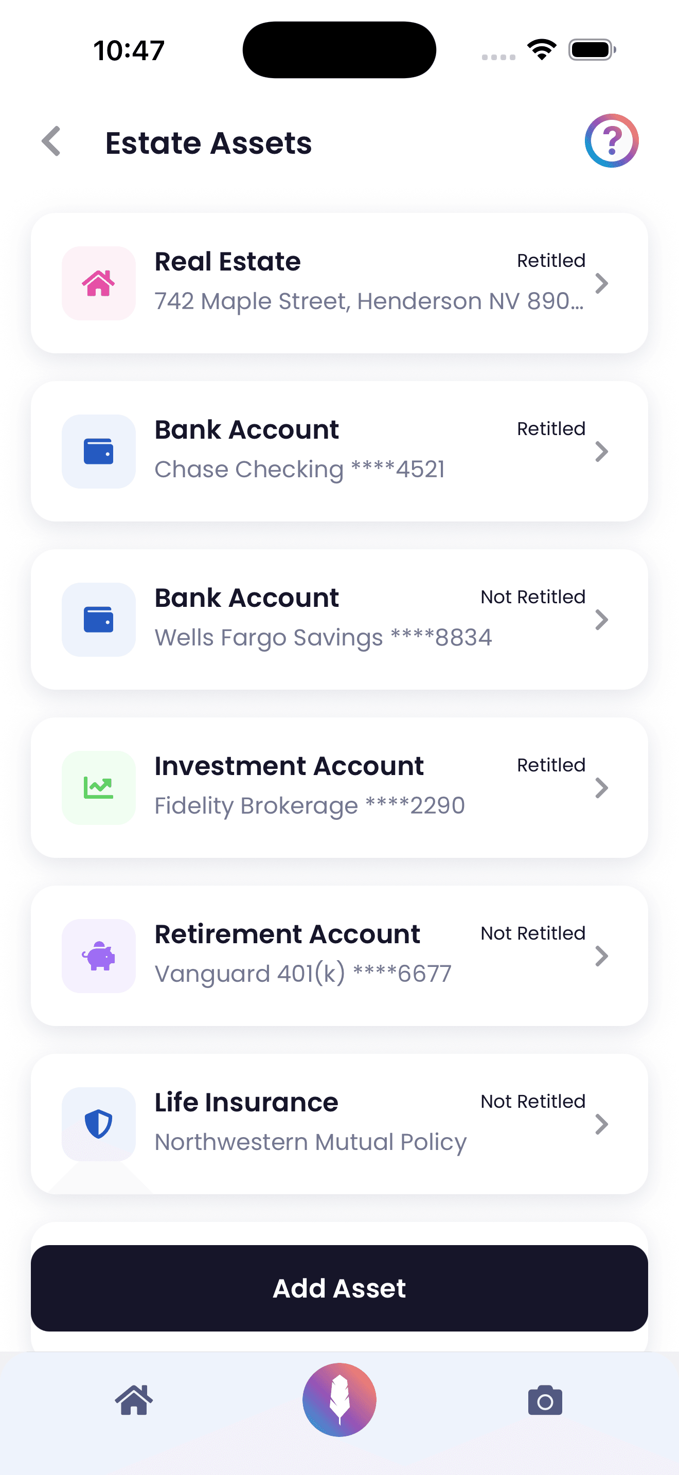Estate assets management screen showing real estate, bank accounts, and investments