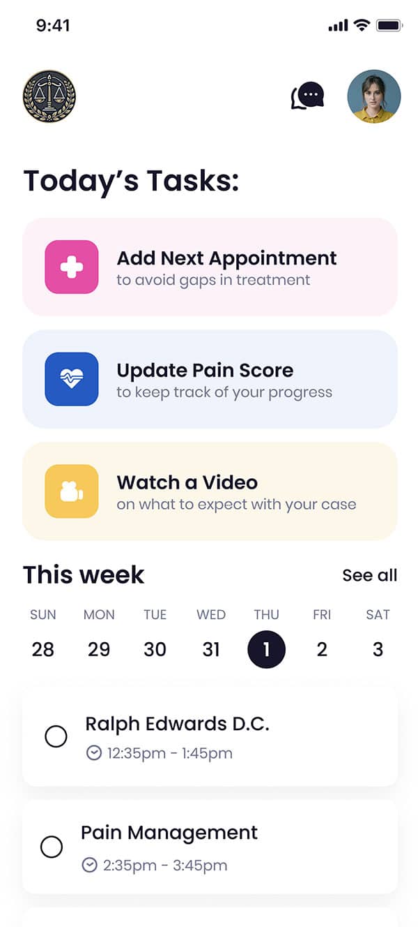 Client dashboard in Quilia platform for law firms