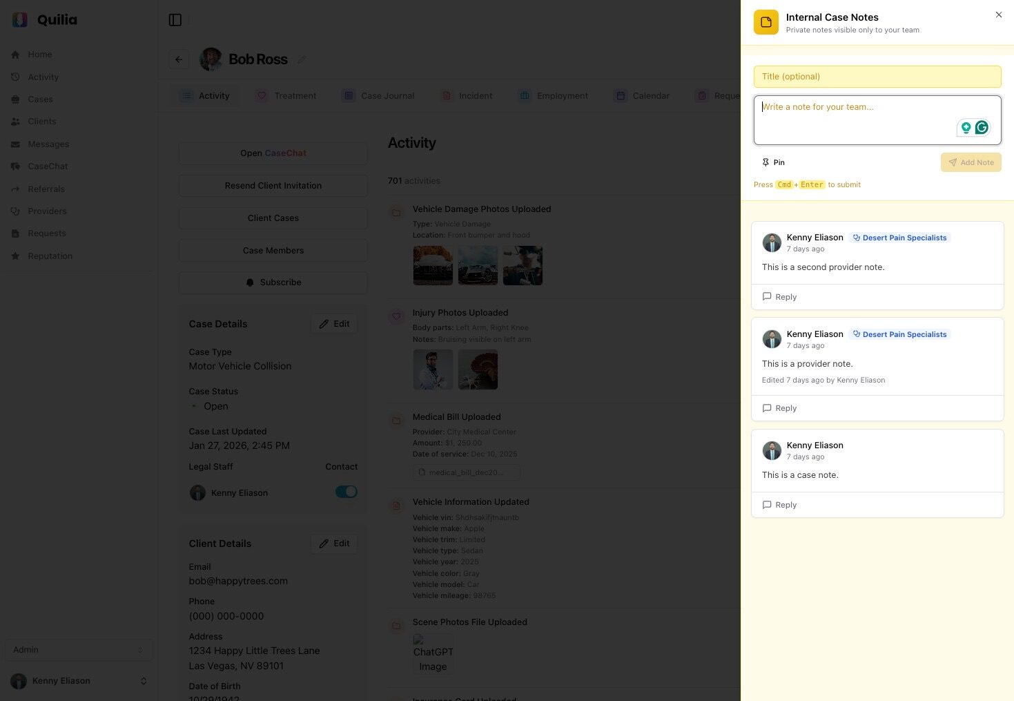 Internal Notes panel showing private team notes in Quilia