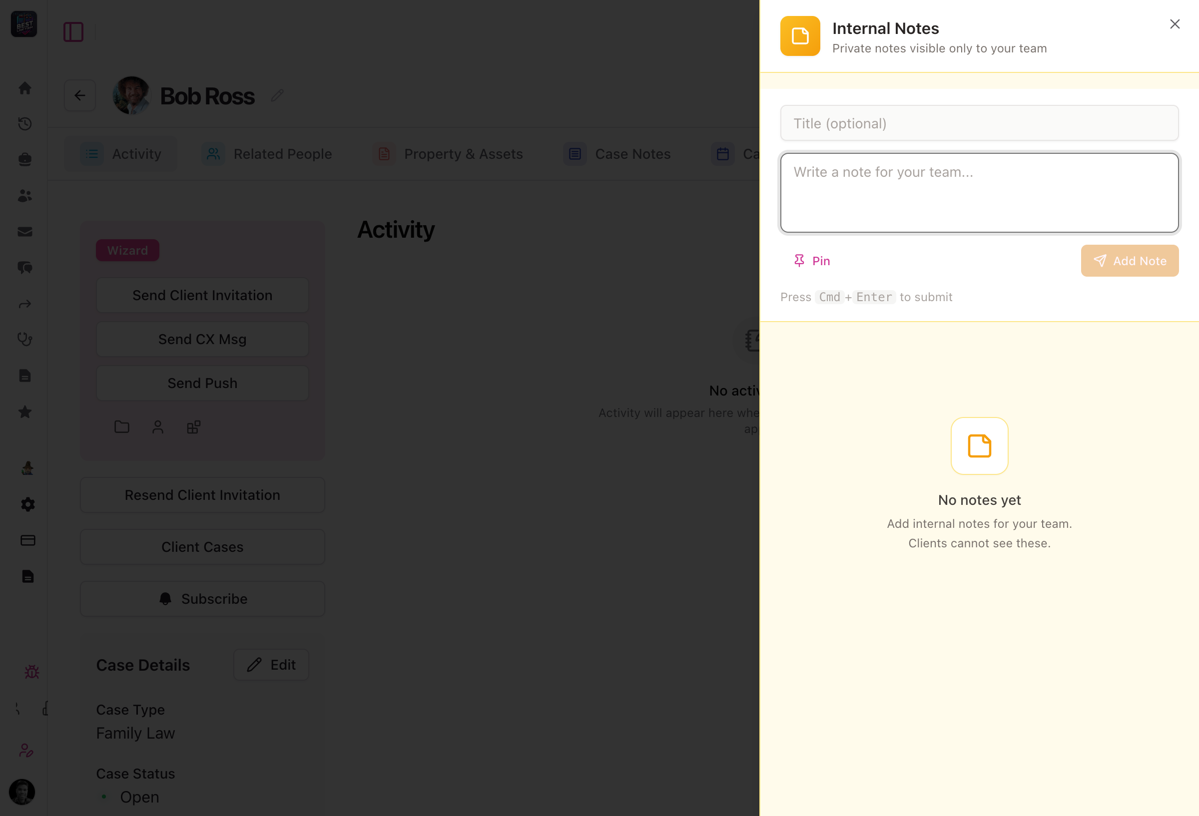 Internal notes dialog on case pages