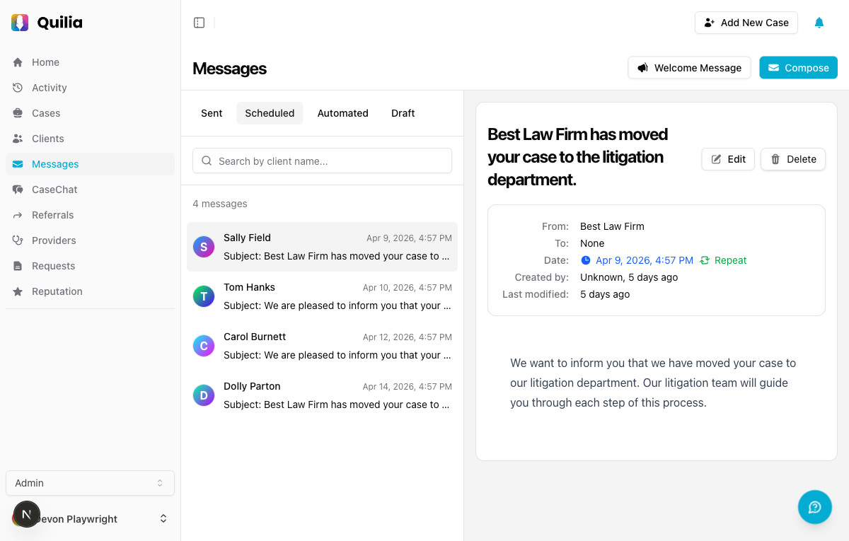Scheduled message detail showing timezone-aware timestamp