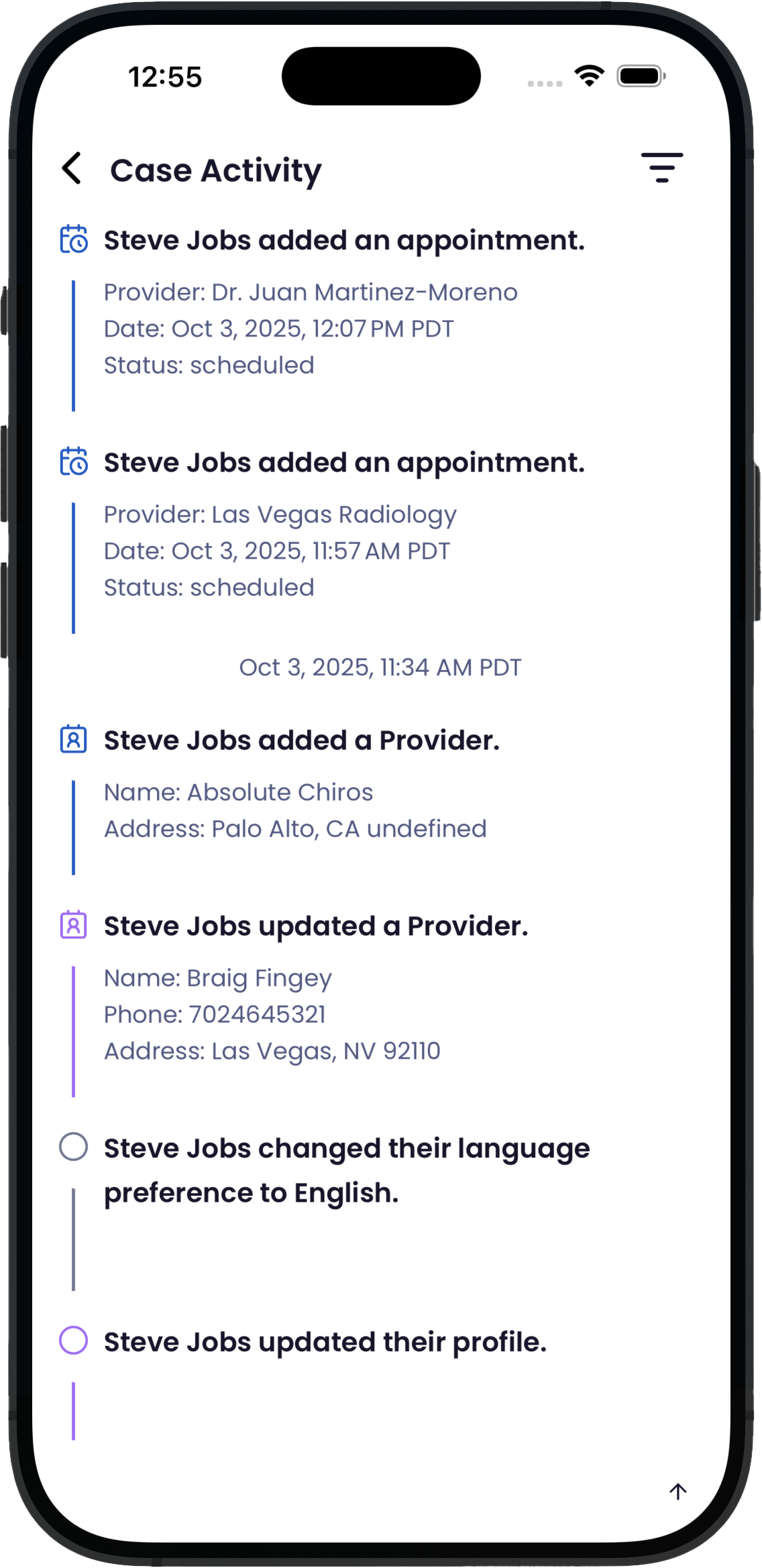 Case Activity screen in Quilia — giving attorneys real-time visibility into client actions, updates, and case progress right from the mobile app.