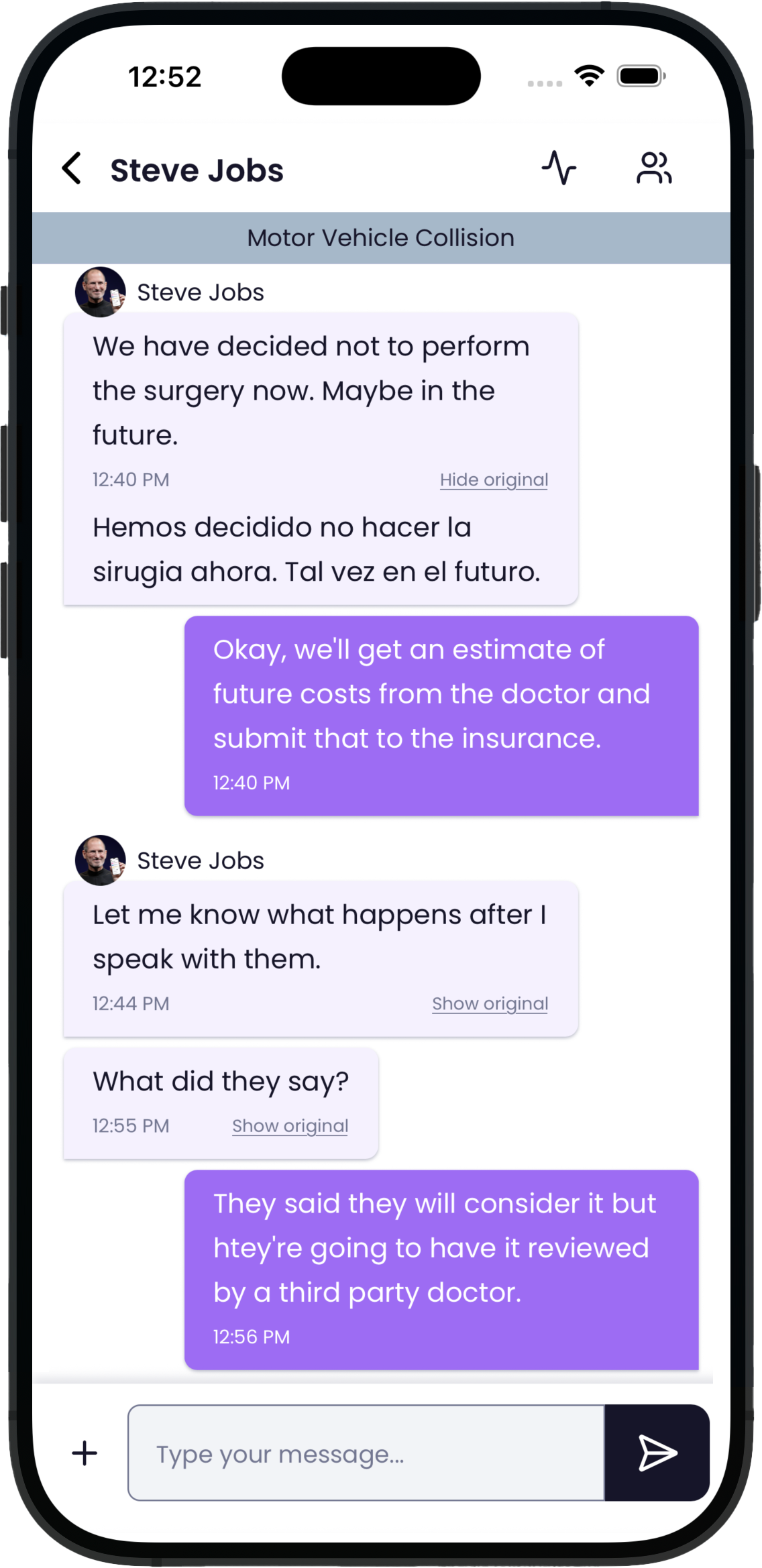 CaseConnect mobile chat view — enabling clear, secure communication between attorneys and clients directly within the Quilia app.