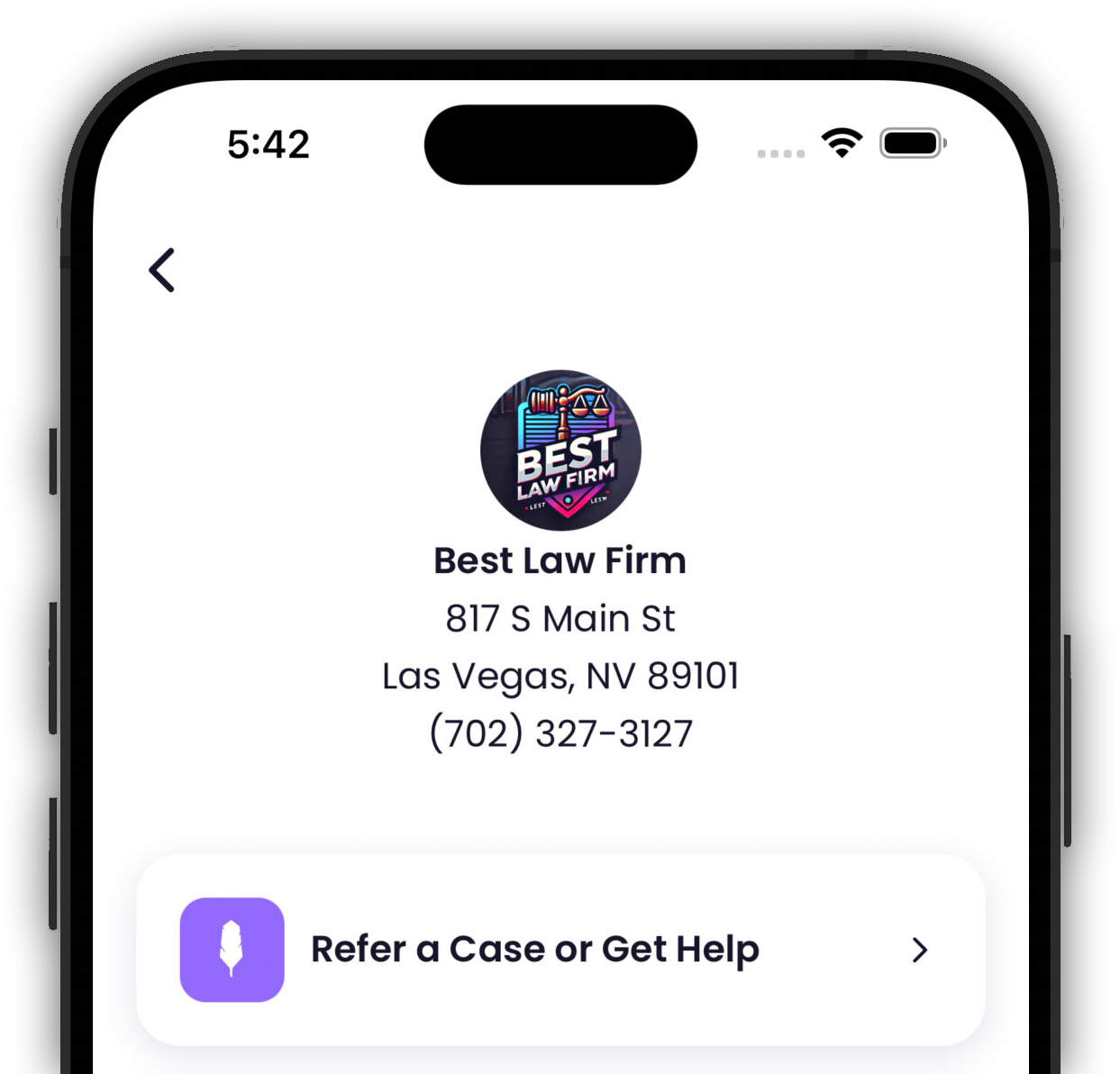 Mobile screen showing a law firm’s contact info and a “Refer a Case or Get Help” button 