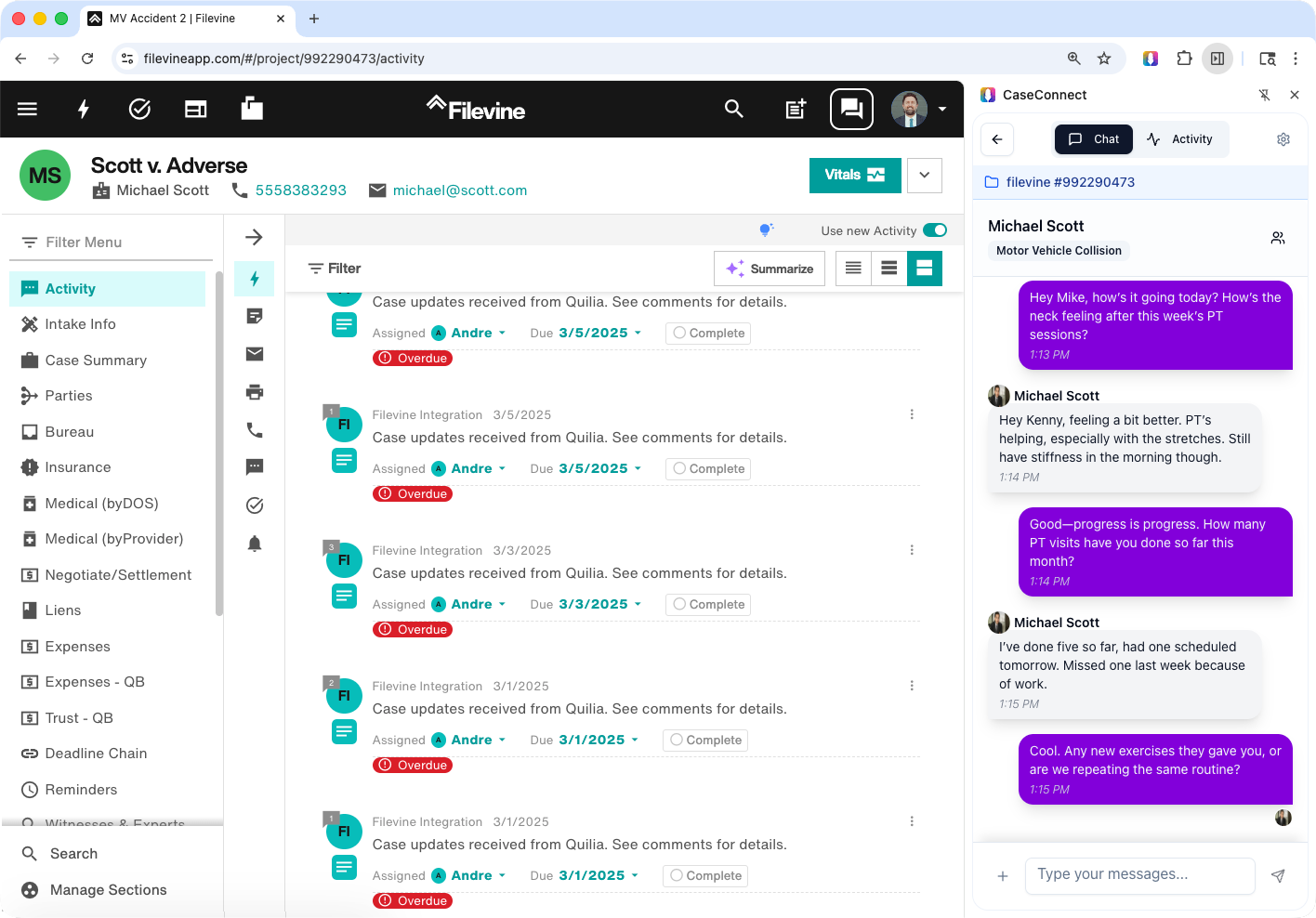 CaseConnect alongside CMS (Filevine pictured) — enabling attorneys to manage case updates and chat with clients in real time, all within one workspace.