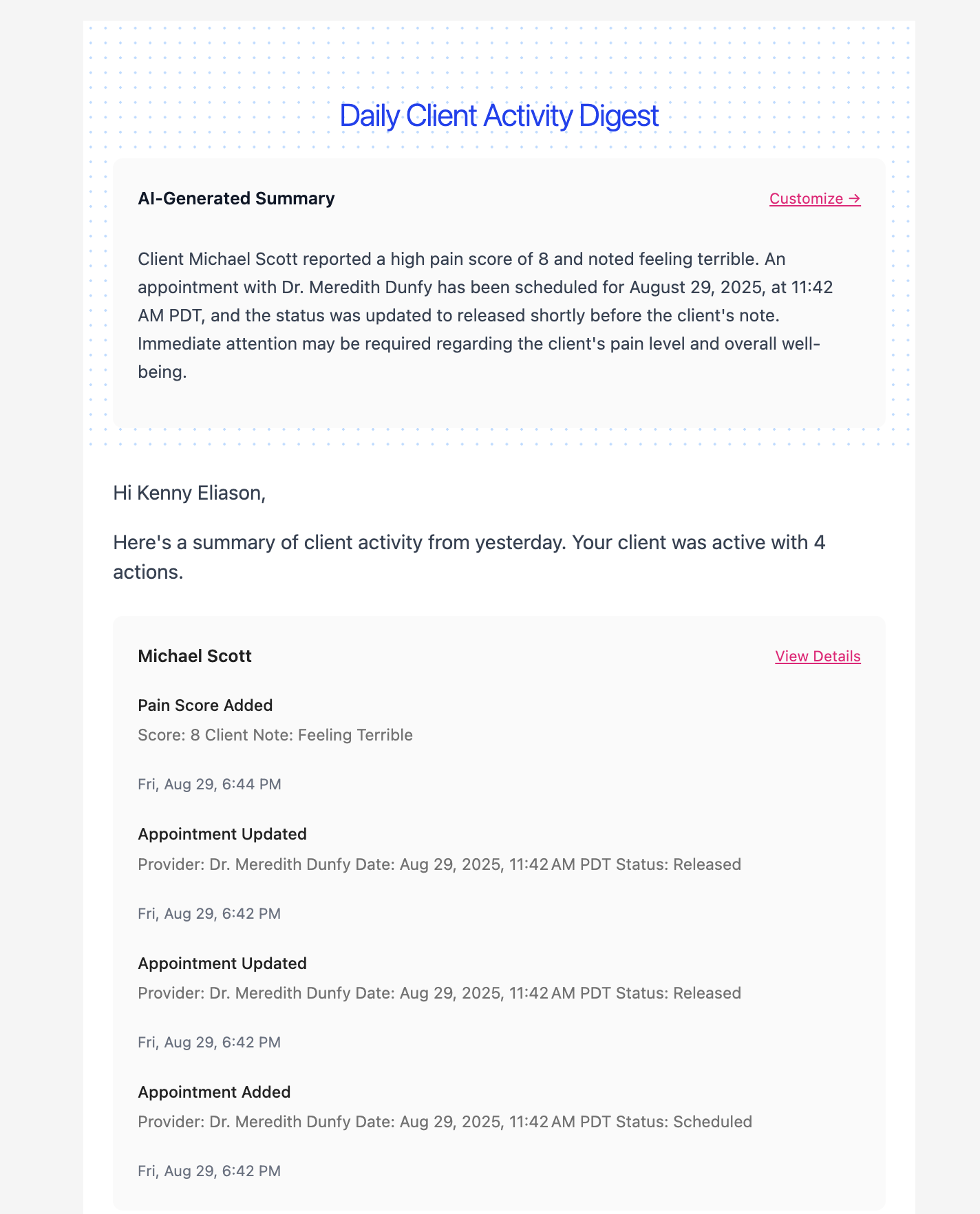 Example: AI-Powered Case Summary — Instantly see critical client updates, pain scores, and appointments without reading every note.