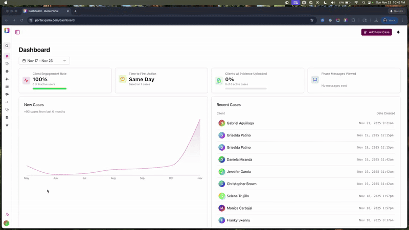 GIF showing the bulk legal staff import process inside the Quilia Portal.