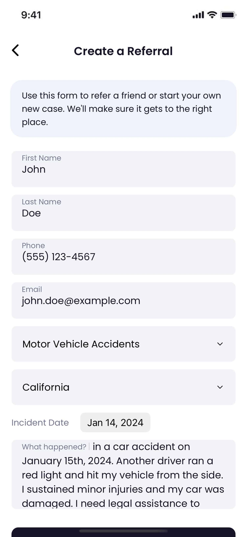 Quilia's case referral form on a mobile device
