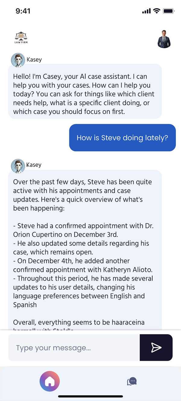 Kasey AI assistant chat interface showing real-time case updates and client communication
