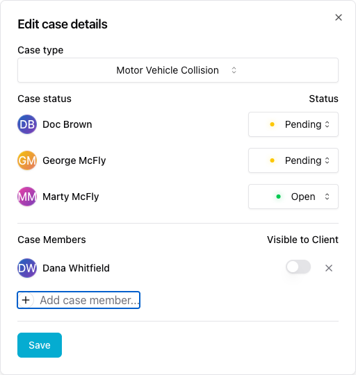 The Add case member option in the Edit case details dialog